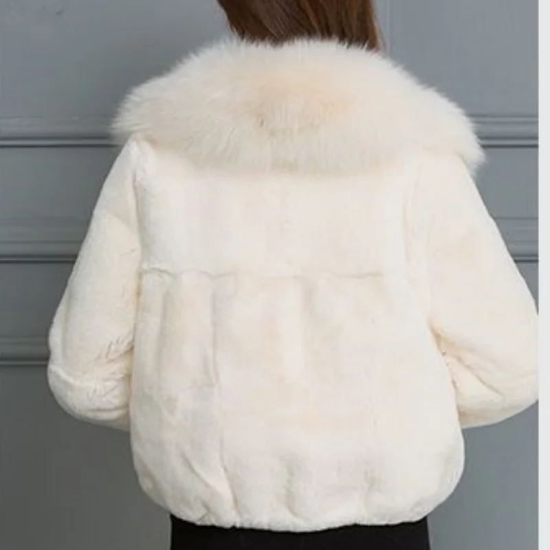 Hot sale women winter long style 100% real rabbit fur coat with fox fur collar Warm thick rabbit fur jacket Female real fur coat