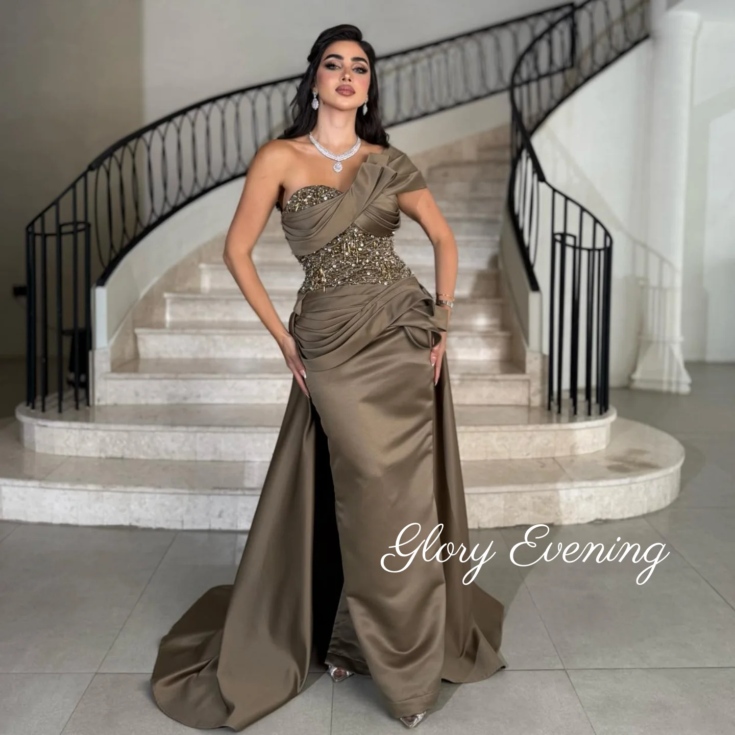 

One Shoulder Saudi Arabia Evening Gowns Sequins Prom Dress Strapless Beaded Ball Gown Gorgeous Party Dresses Customized 2025