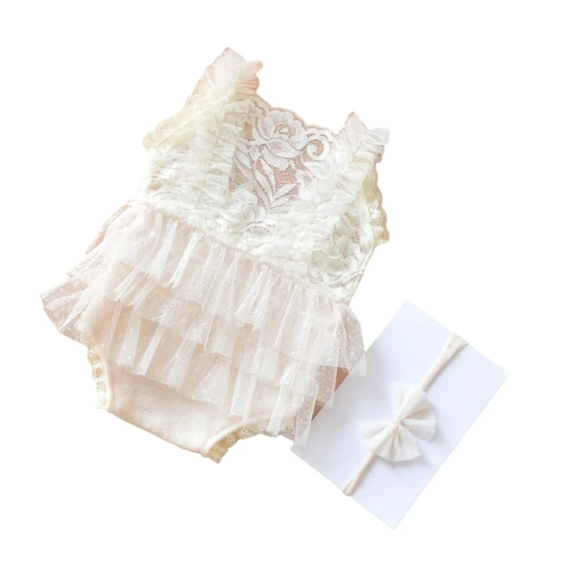 Baby Photography Props Lace Romper Bowknot Hairband Outfit Photo Clothes