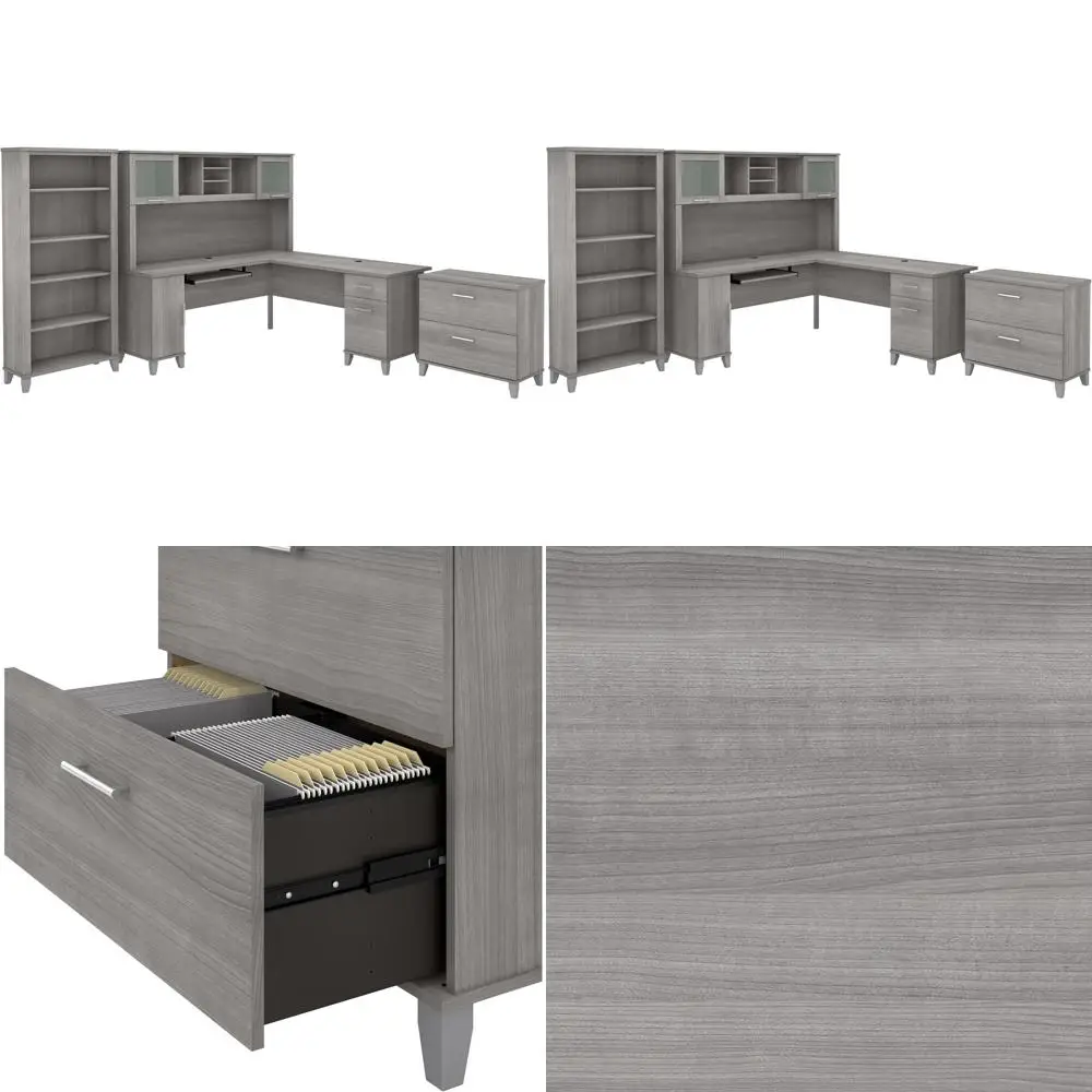 

Платиново-серый L-образный стол 72W с навесной секцией, боковым шкафом для документов и книжным шкафом для домашнего офиса