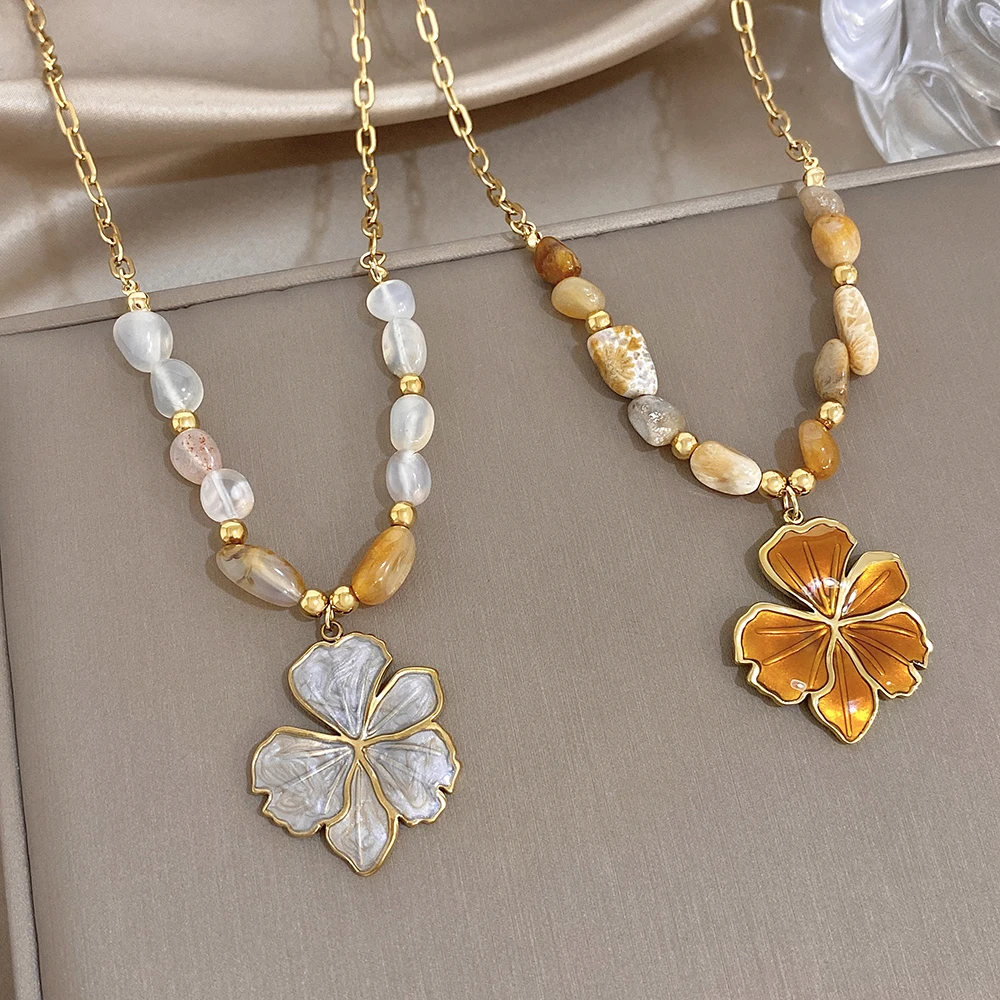 Greatera White Flower Oil-dripping Stone Necklace Bangle Combination Fashion Caramel Colour Summer New Style Charm Jewelry Set