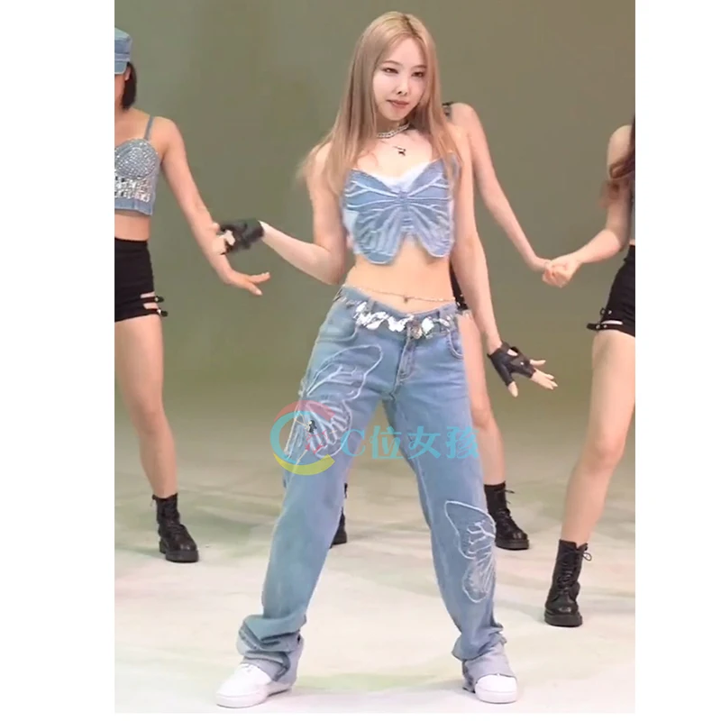 Fashion Kpop Outfit Denim Butterfly Tops Pants Sexy Jazz Performance Costume Women Korean Singer Idol Stage Clothes Rave JL5179