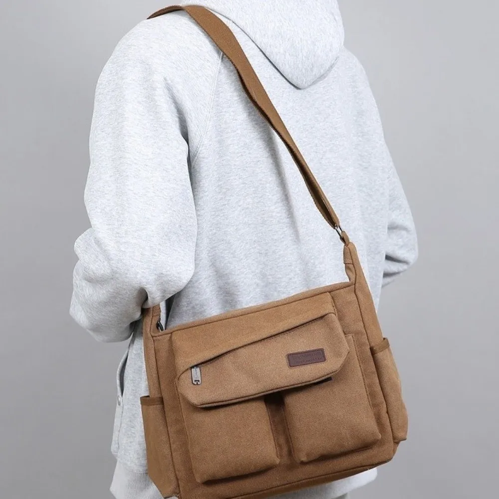 Borsa a tracolla in tela da uomo di grande capacità Borsa a tracolla multitasca in stile coreano con cerniera Borsa a tracolla in tinta unita da lavoro
