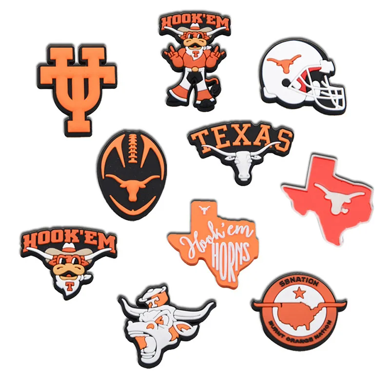 

College Sport Series University of Texas 10pcs Charms Pin For Clog Backpack Wristband Wholesale Kids Men Women Party Gifts