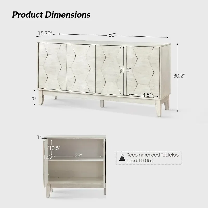 HULALA HOME 60" Sideboard Buffet Cabinet Credenza Kitchen Storage Cabinet with 4 Doors and 2 Shelves image 2