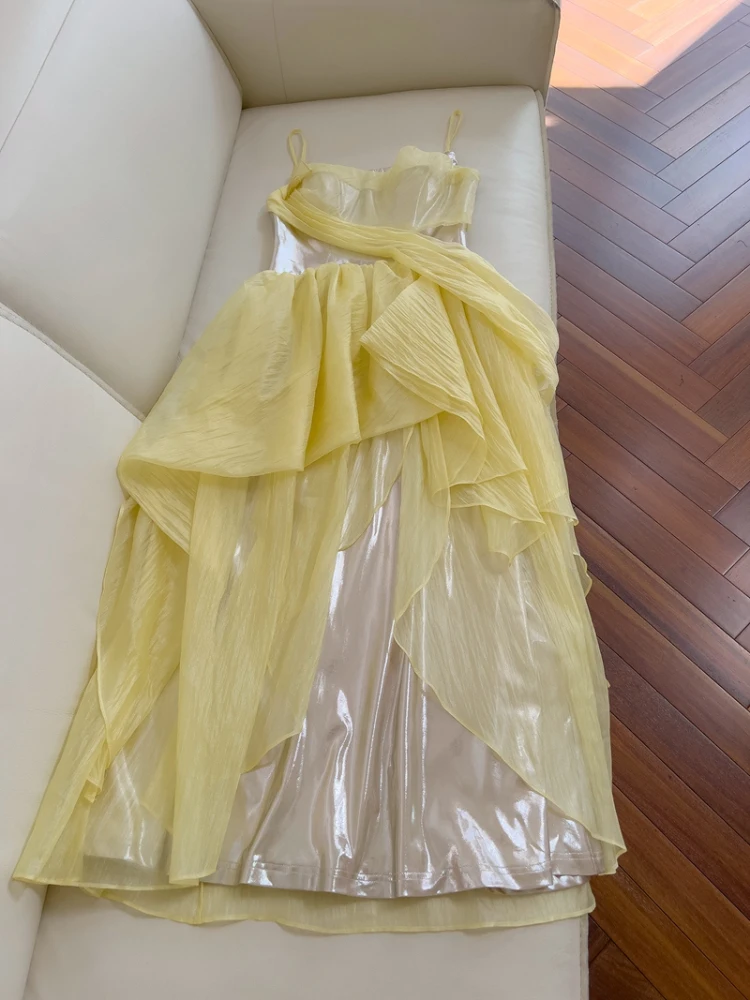 

Yellow Fairy Girl Summer Vaion Dr Evening Gown Sweet Sle High Waist A-Line Skirt Long Dr Nylon Polyester Blend Non...