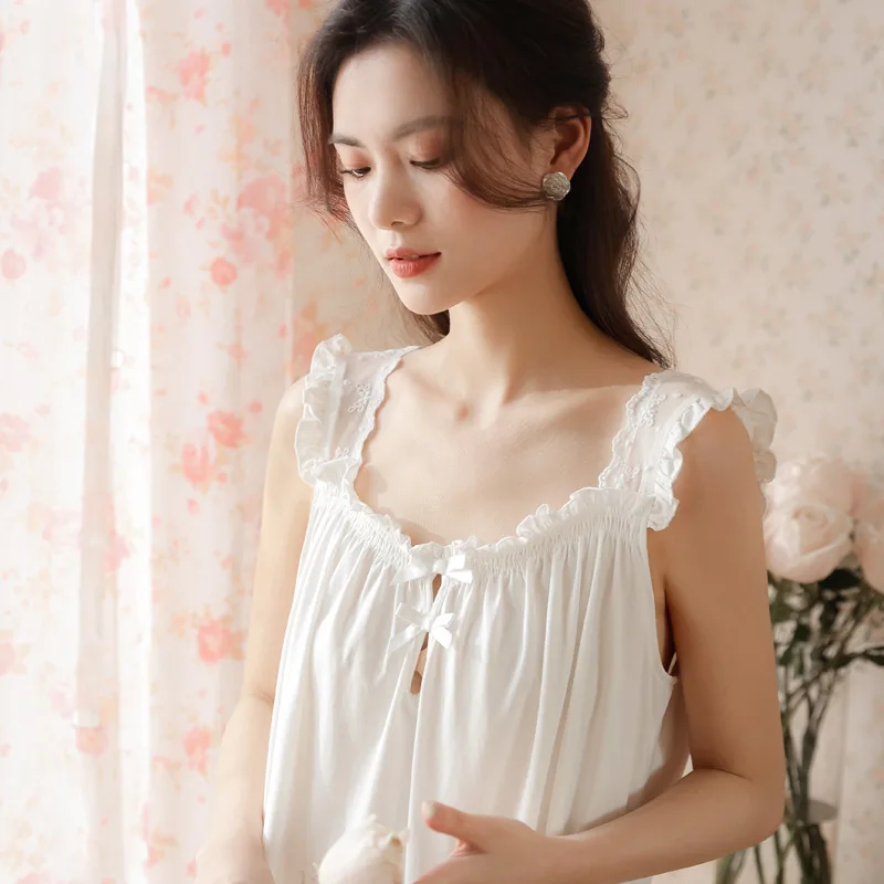 Summer Cotton Sleeveless Night Dress Women White Long Nightdress Sweet Lace Peignoir Victorian Nightgowns Princess Sleepwear