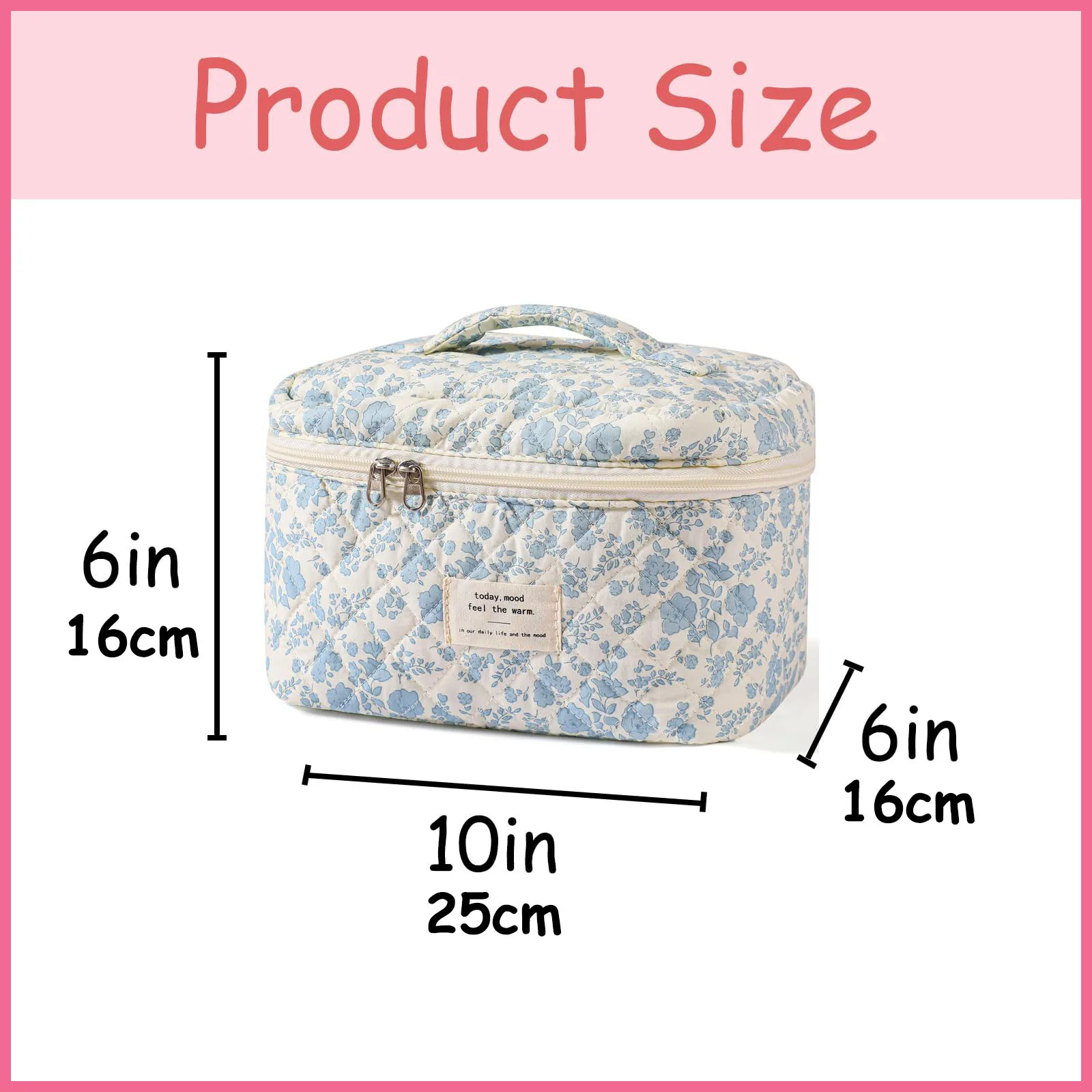 Large Travel Quilted Makeup Bag for Women Floral Cotton Cosmetic Bag Coquette Aesthetic Floral Toiletry Organizer Bag