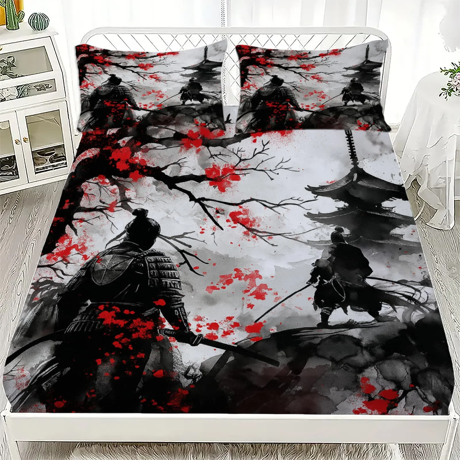 1pc Samurai Battle with Cherry Print Fitted Sheet Deep Pocket Elastic Mattress Cover Single Double Queen King Bedroom Decor