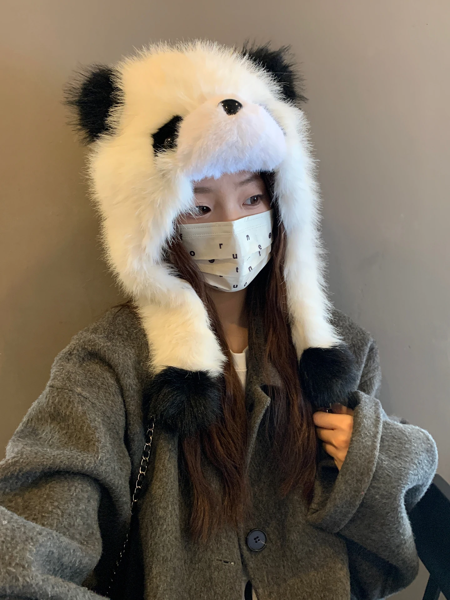 여성을 위한 귀여운 패션 플리스 팬더 모자 겨울 귀마개 두꺼운 따뜻한 팬더 모자