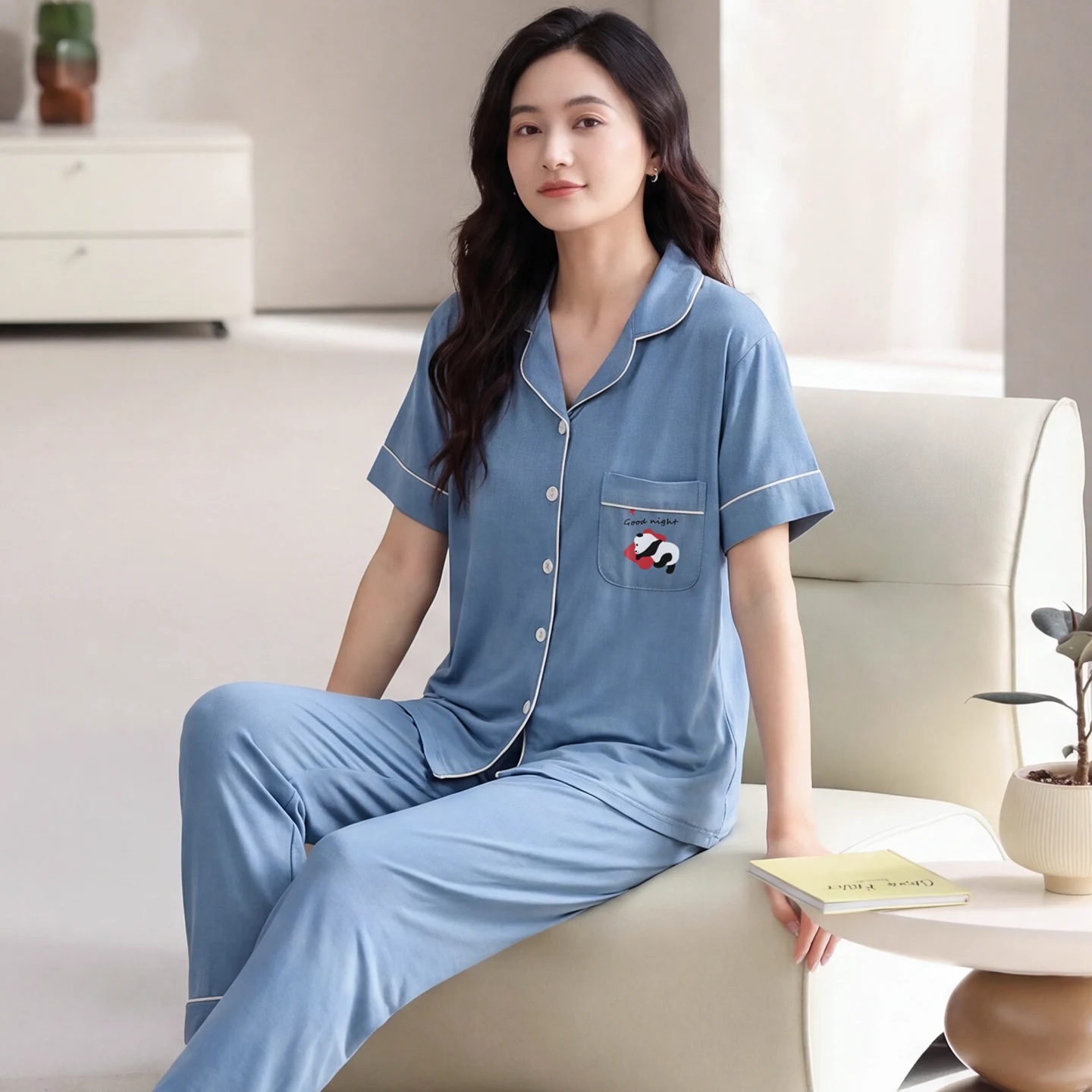 Women Pajama Set Modal Pijamas Mujer Cardigan Sleepwear Lady Short Sleeve Long Pants Summer Nightwear Femme 2Pieces Set Homewear 4