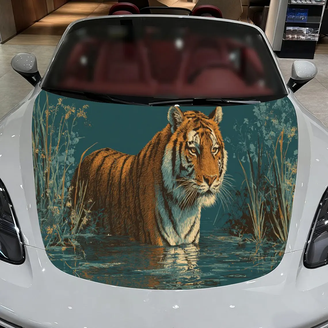 

Car Decals A Tiger with Sharp Stripes in a Realistic, Water-Soaked Textured Background with Natural Habitat Elements Car Hood St