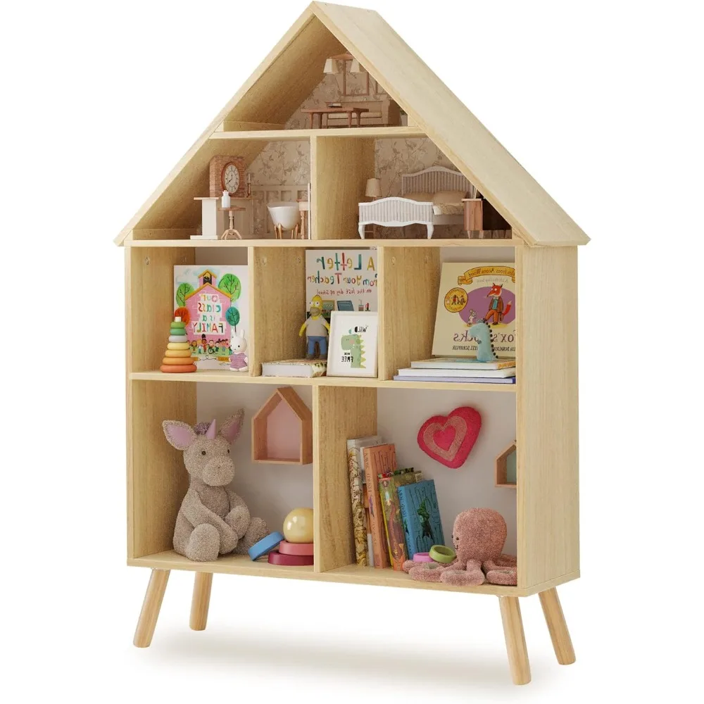 Kids Dollhouse Bookshelf and Baby Storage - Wooden Stand Dollhouse Bookcase with 4-Tier Storage Display Organizer8.8Dx33.4Wx46H