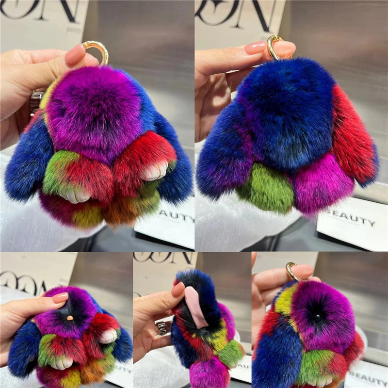 Real Rex Rabbit Fur Keychain Multicolored Plush Bunny Toy Women HandBag Ornaments Car Key Metal Ring Trinkets Girl Birthday Gift