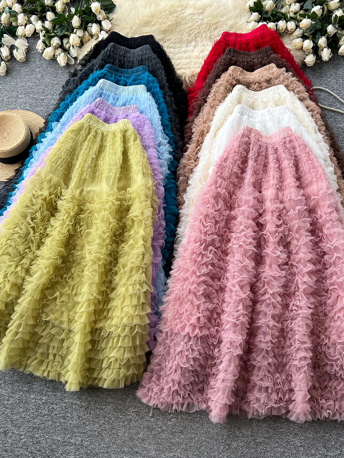 Korean Style High Waist A-Line Sweet Mid-Length Skirt Women's Multi-Layer Cake Skirt Slimming Fluffy Skirt Commute Sweet Skirt