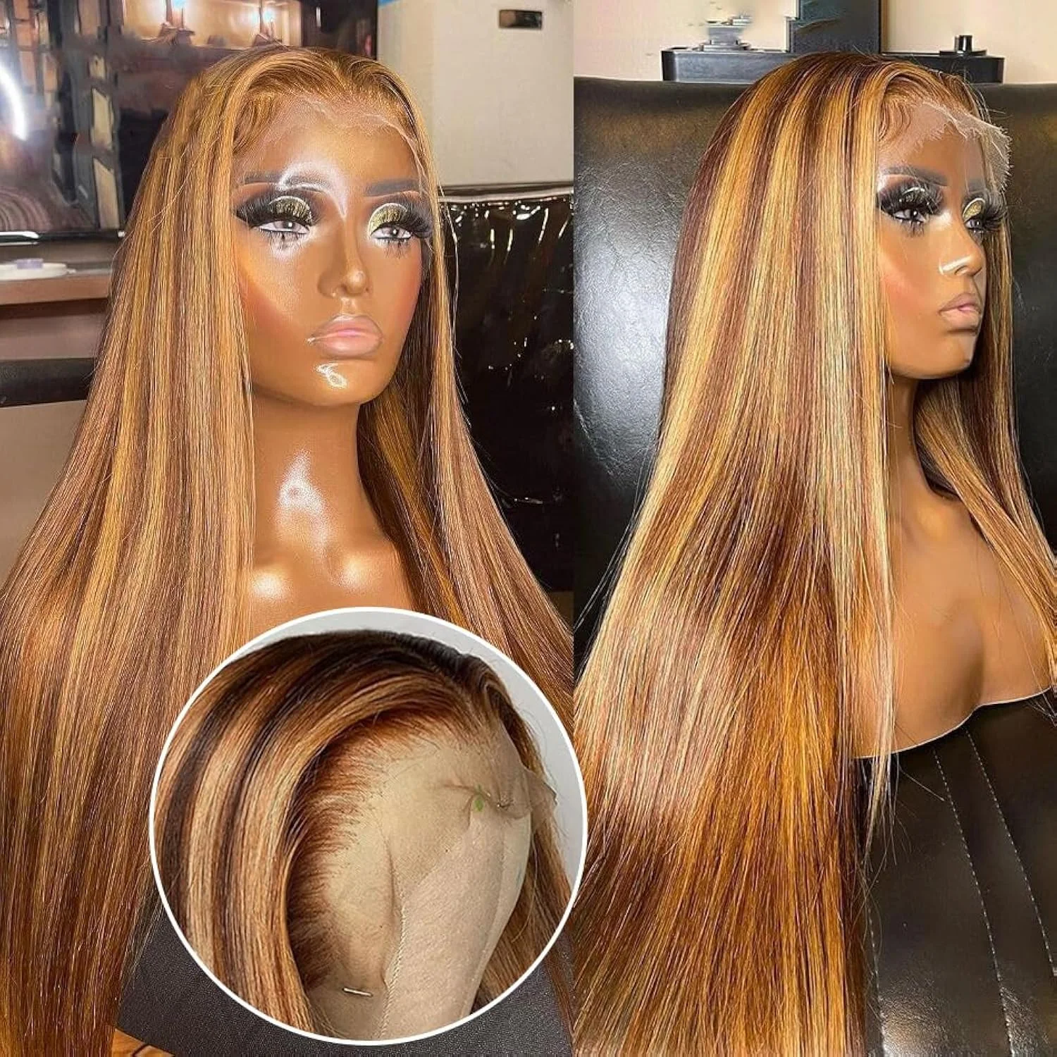 Parrucca con frontale in pizzo trasparente 13X4, capelli umani, effetto ombre con mèches, frontale in pizzo HD, mèches biondo miele 4/27 e castano, parrucche per donne di colore