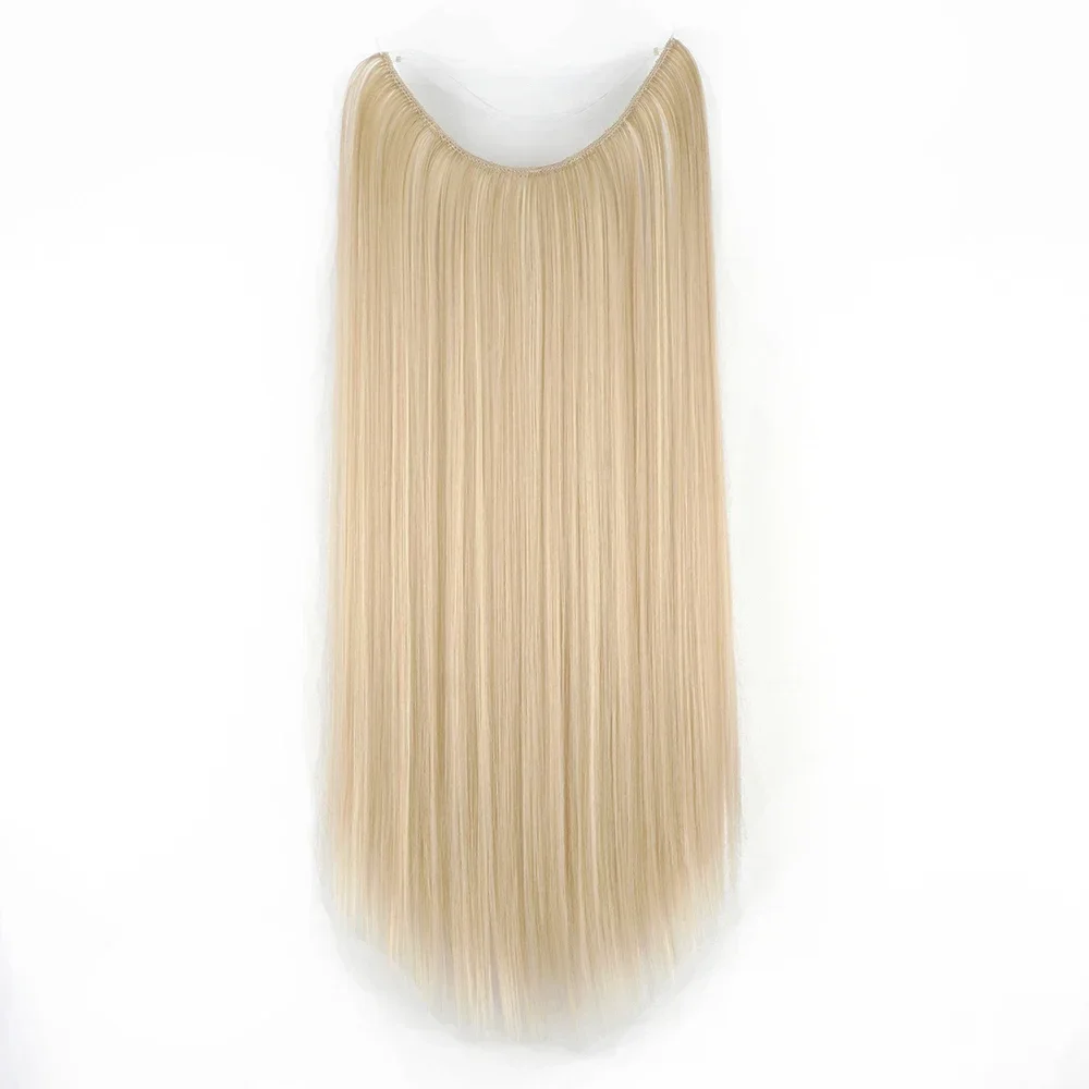 22\'\' 26\'\' Long Straight Blonde Synthetic Halo Hair Extensions Fish Line Invisible Hairpiece Extension Fake Hair for Girls