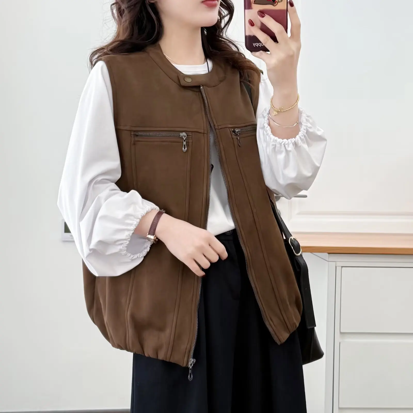 

XXXXL Fashion Plus Size Woman Clothing Suede Waistcoat Spring 2026 Round Neck Zipper Sleeveless Vest 8325
