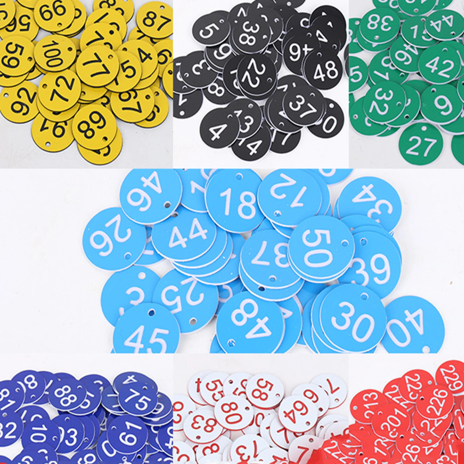 Engraved Number Discs Without Rings Plastic Plaque Number Plate Round Shape Red Blue Green Black White Yellow 50pcs 1-50/51-100