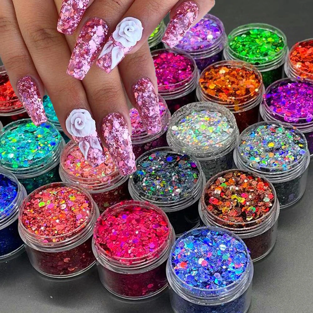 

24 Colors/Set Mix Laser Hexagon Nail Art Sequins Spangles Nail Holographic Glitter Powder Flakes Manicure Laser Chunky Glitter #