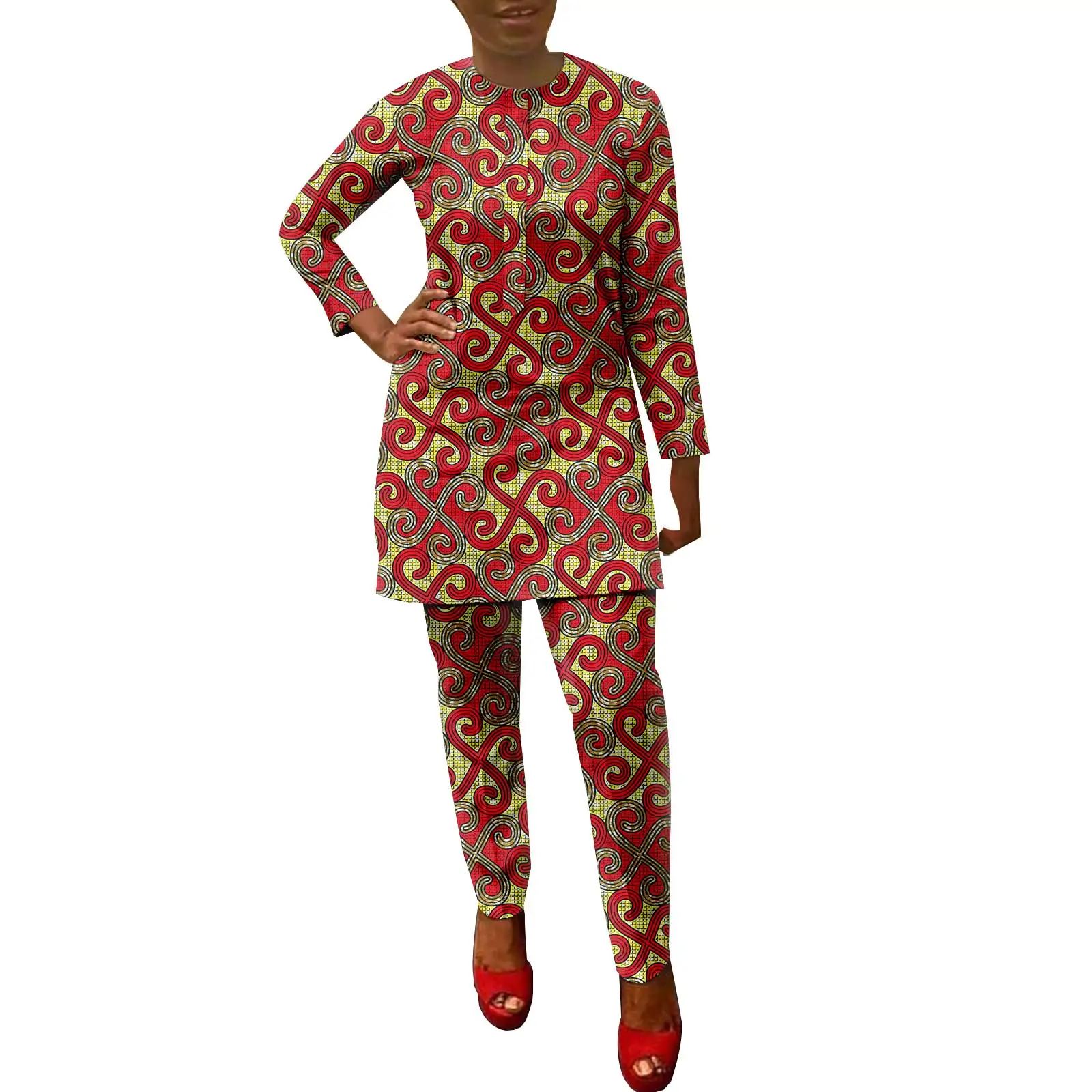 Afripride African Ankara Calico Women's Suit Long Sleeve Casual Round Neck Top Pants Two-Piece Set A2226032