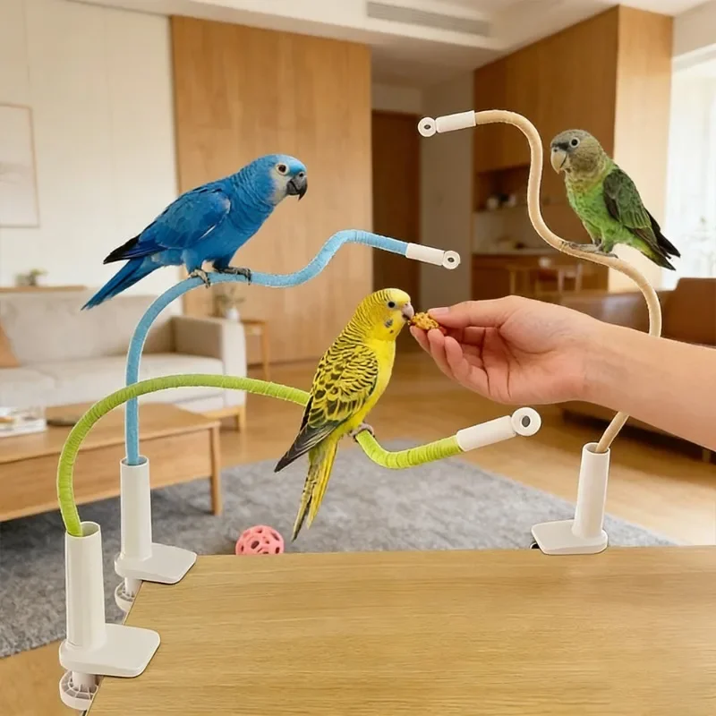 1 Set Flexibler Vogelsitzstangen-Clip-On-Tischständer für Papageien, Wellensittiche, Nymphensittiche – Biegbares Seil-Trainings- und Spielgestell mit rutschfesten Zubehörteilen – Detail 4