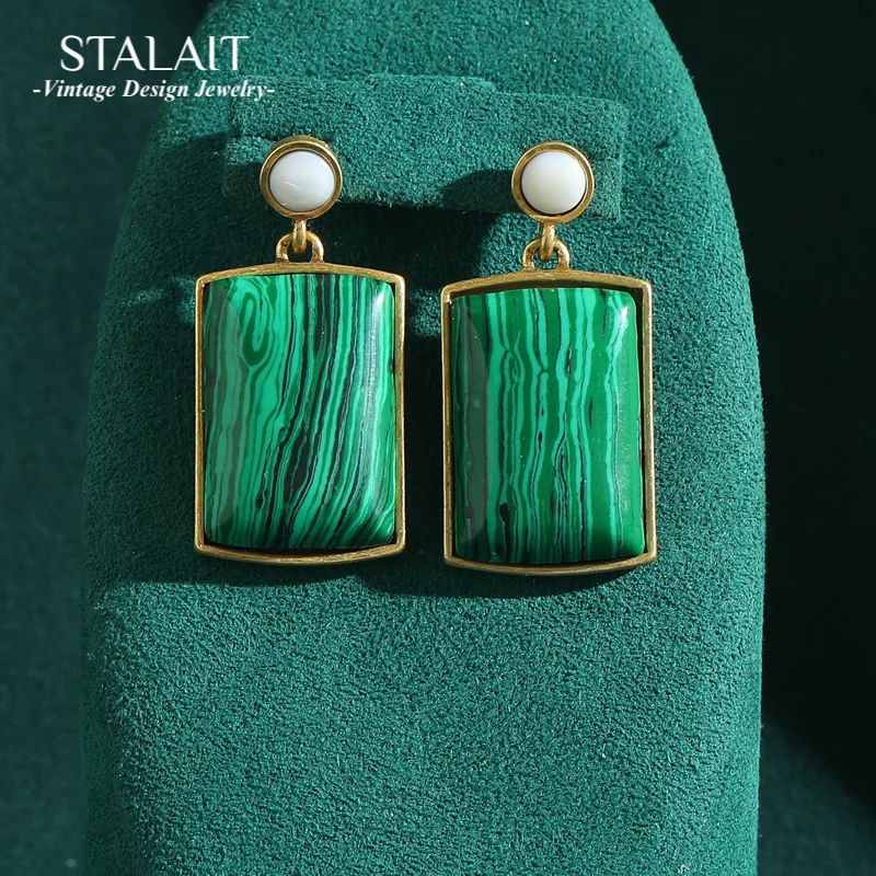 

Vintage Jewelry Malachite Green Drop Earrings Nature Stone Luxury Gold Color Geometric Rectangular Woman Antique Accessories