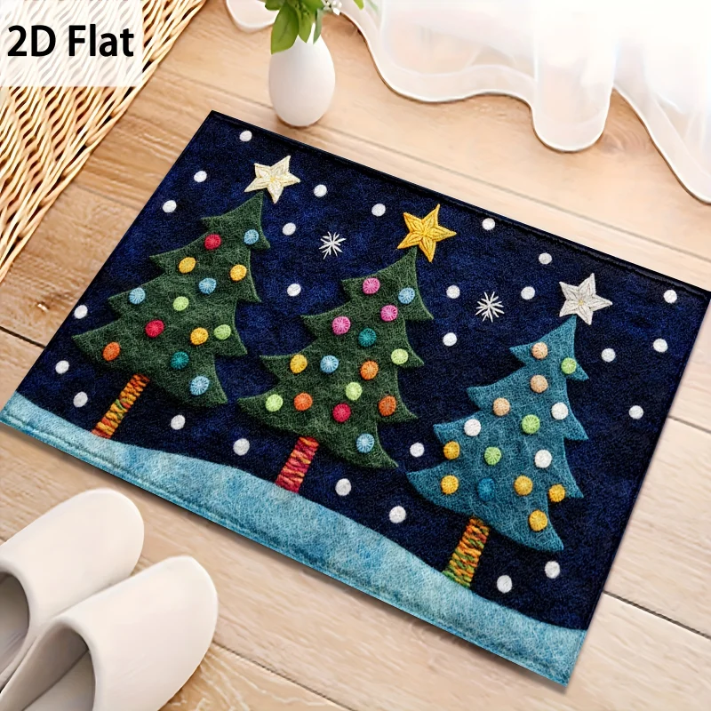 VIKAMA Xmas Entrance Mat Colorful Christmas Tree Snow Star Print Anti‑Slip Floor Mat For Doorway Hallway Home Decor