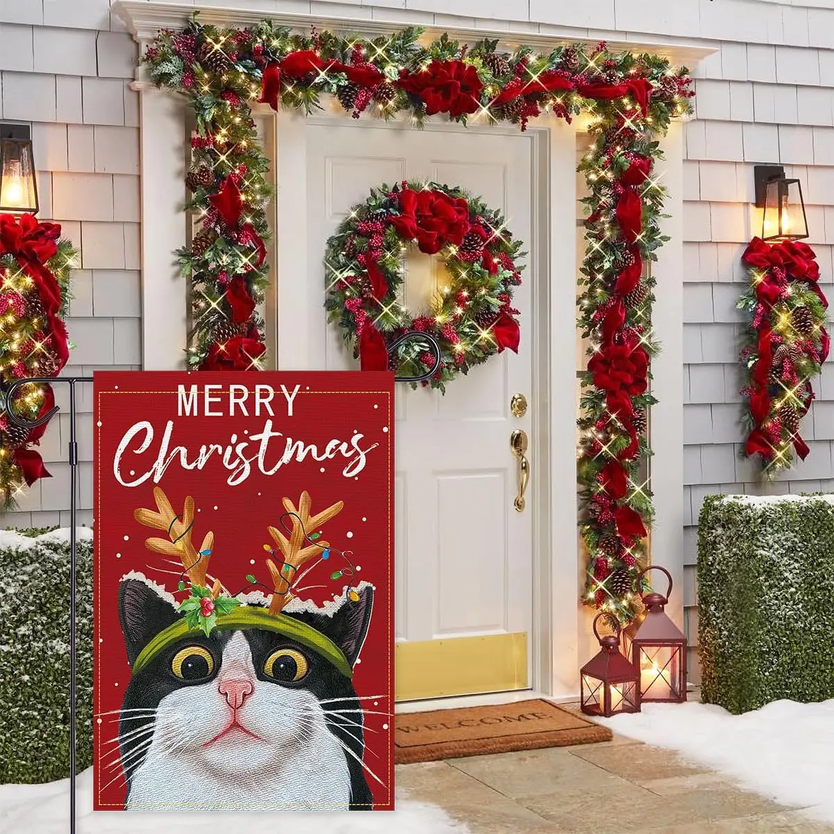 Balgardekor Welcome Christmas Garden Flag 12x18 Double Sided Merry Xmas Cat Garden Flag for outside Red Black Small Vertical yyi