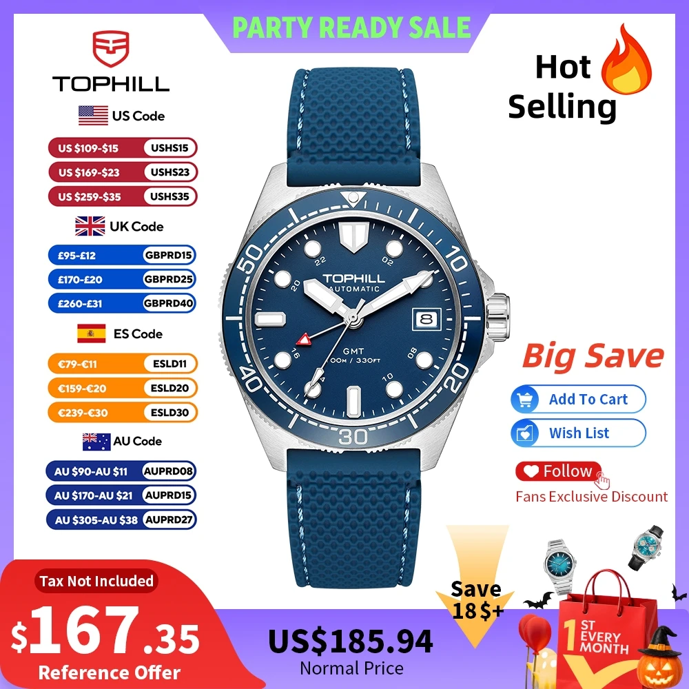 Tophill 39.5mm Automatic NH34 GMT Watch Swim 3H Date Window Mechanical C3 Green Lume 100M Waterproof Sapphire Crystal TD011G