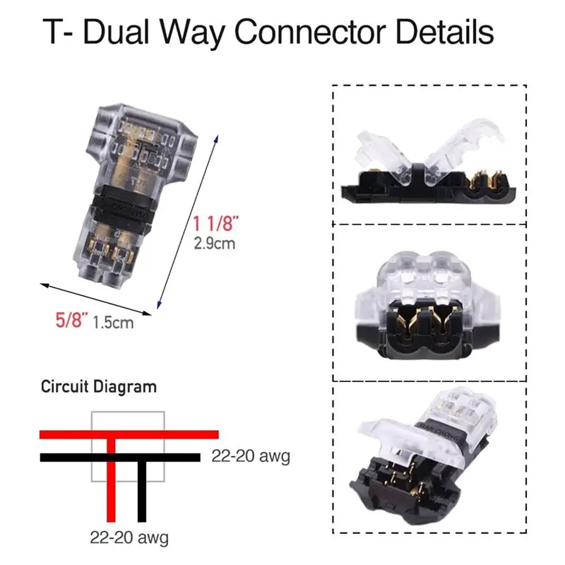 DT17 12 Pack T Tap Wire Connectors, Low Voltage 3 Way 2 Pin Solderless Connector, Fits 24-20 AWG for Car Audio LED Light