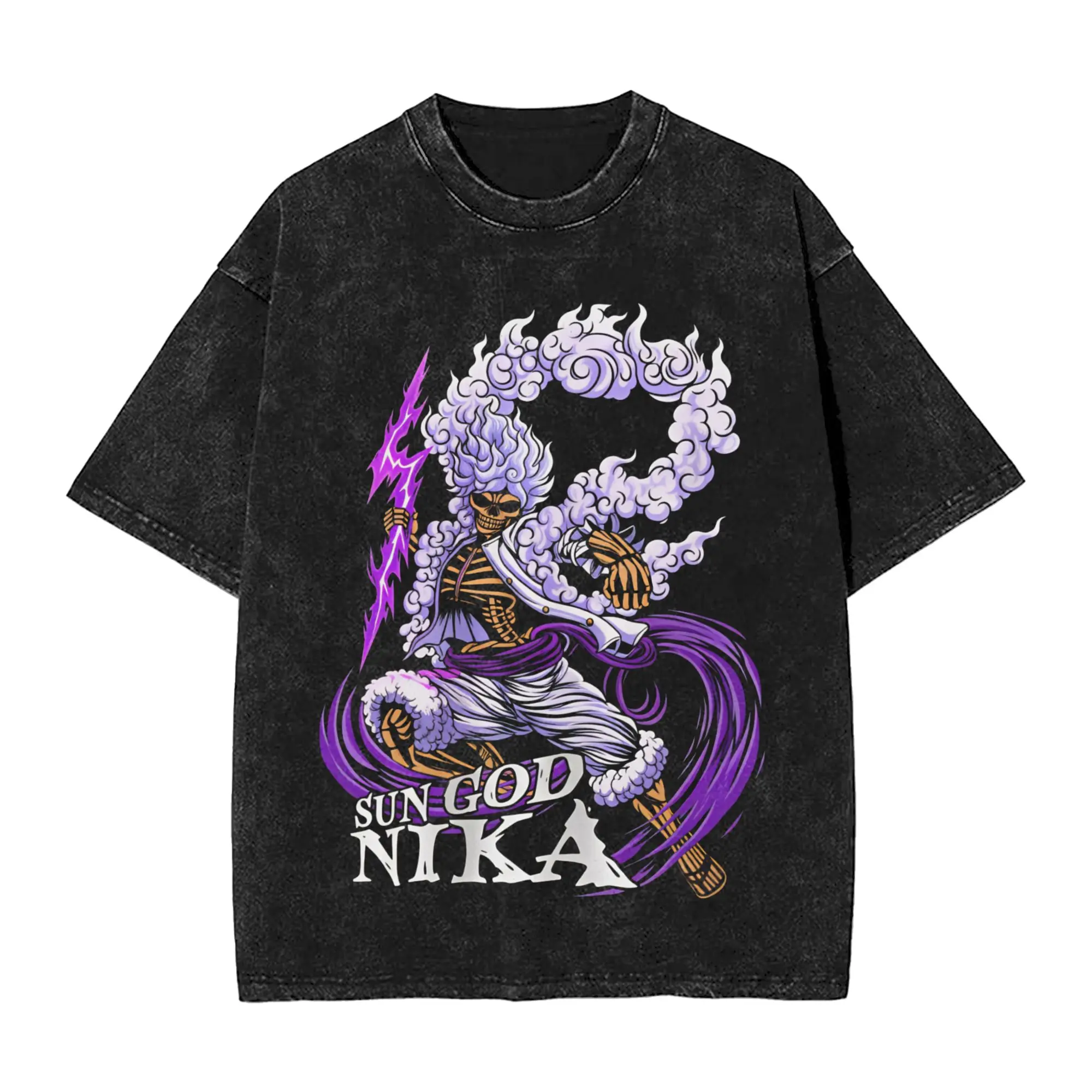 Funny One Piece Luffy Anime Sun God Nika Gear 5 T-Shirt Men O Neck Cotton Washed T Shirts  Short Sleeve Tee Shirt Clothes