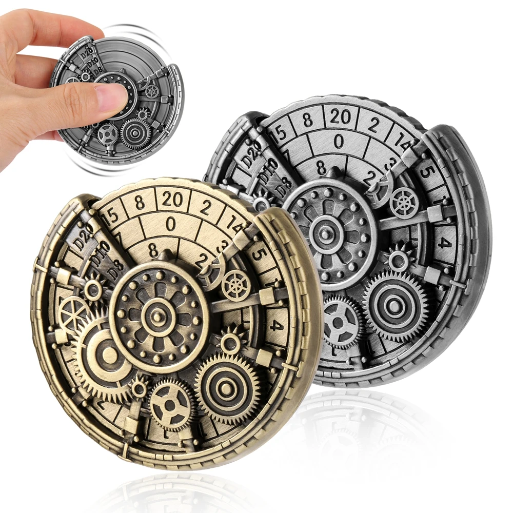 DND Fingertip Spinner Dice 7-In-1 Metal Dice with Gear Theme Rotate Spinner Dice for RPG Table Game Enthusiasts Dice Wheel