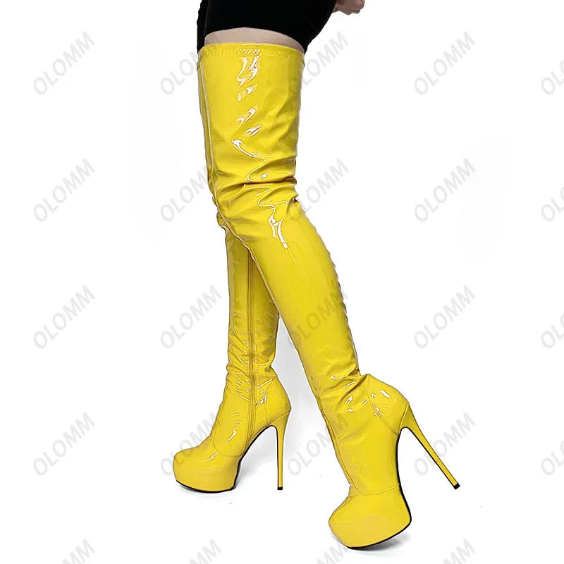 Olomm Handmade Women Winter Thigh Boots Patent Leather Side Zipper Thin High Heels Round Toe Orang Party Shoes Plus US Size 5-20