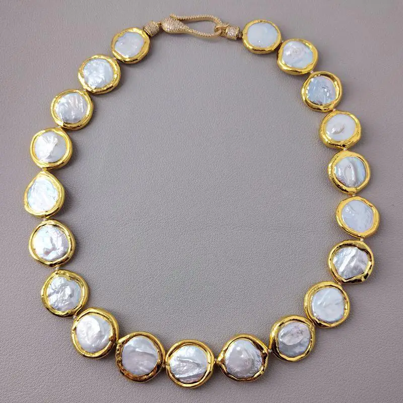 

20mm natural White Coin Freshwater Pearl gold plated edged Chokers Necklace Party Holiday