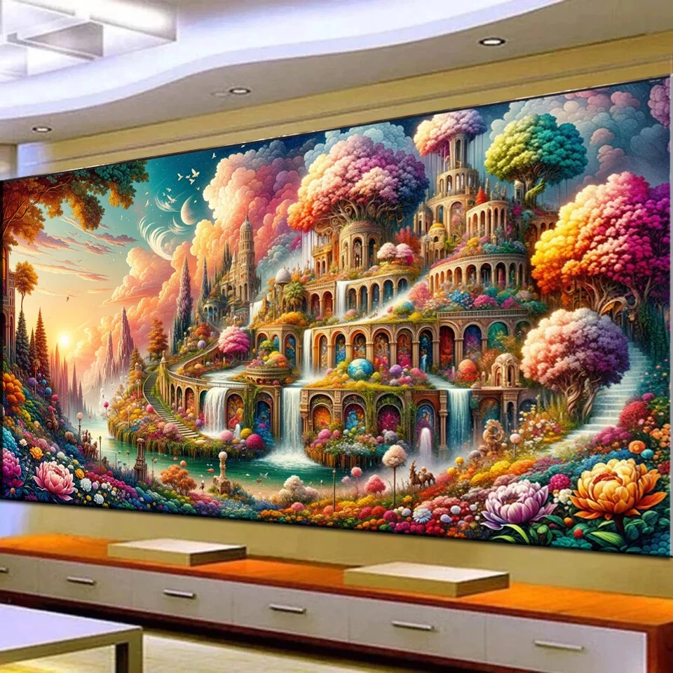 Surrealistic Beautiful Tiered Gardens,Waterfalls,Flowers,Arches,Sky,Palace 5D Diamond Painting Mosaic Embroidery Cross Stitch