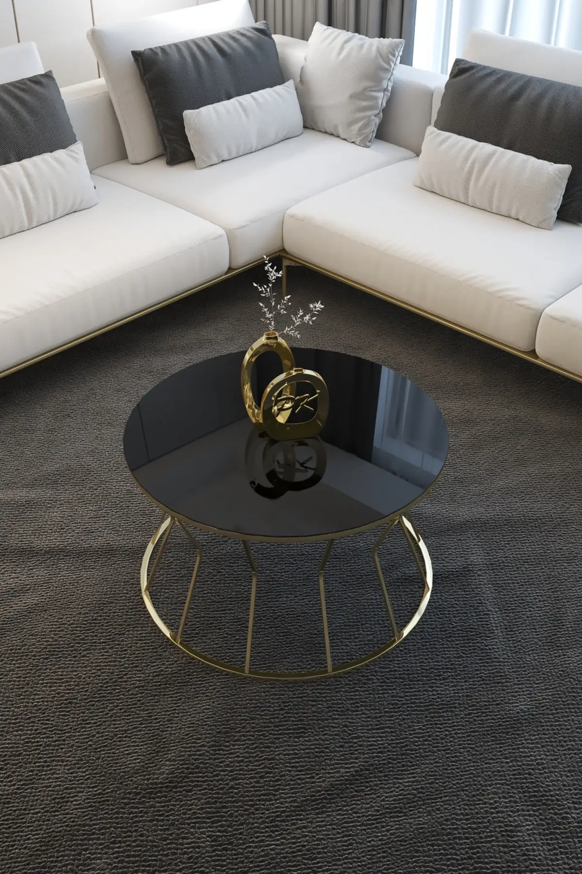 DOLBOVI Hourglass Mid Coffee Table Gold Foot, Black Glass (TEMPERED) Coffee Table