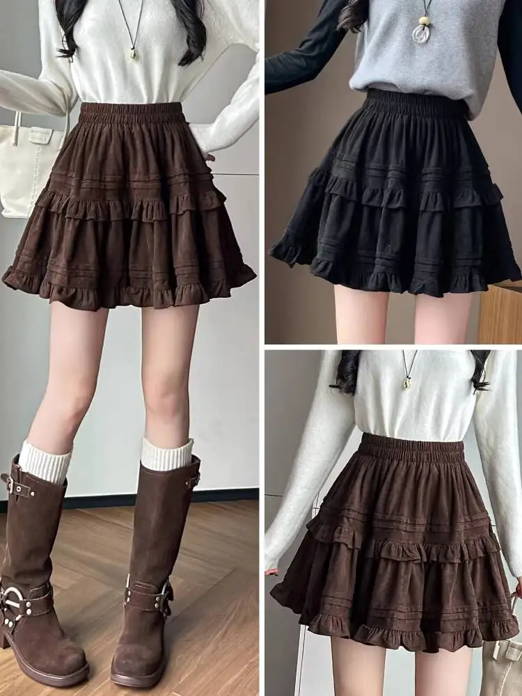 

Women's Pleated Skirt 2026 Spring Suede Cake Skirt High Waist Ruffle Patchwork Brown A Line Fluffy Mini Skirt