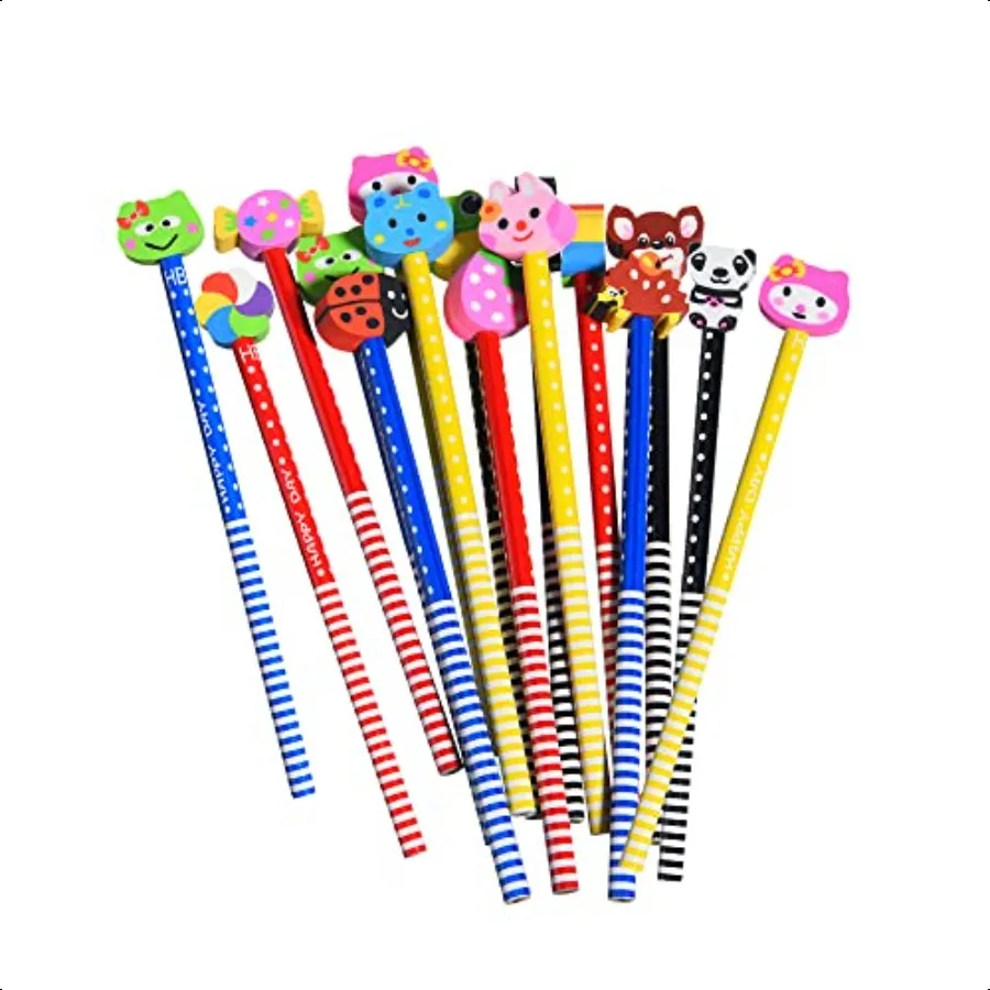 

28PCS Fun Cute Pencils for Colorful Stripe with Assorted Fruit Animal Erasers Toppers for School Office Classroom plies Student