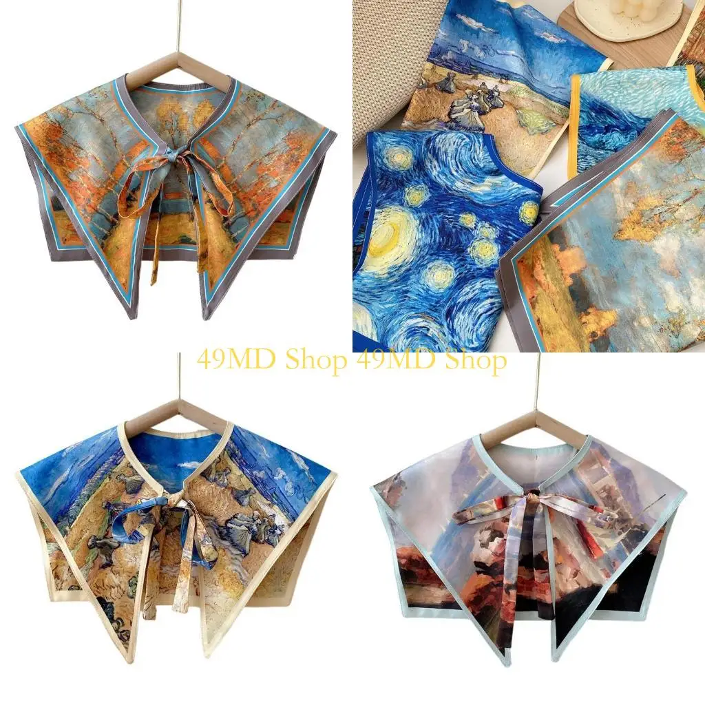 

49MD Женщины элегантные съемные воротничные шарф Винтаж красочный пейзаж картинка масляной масля