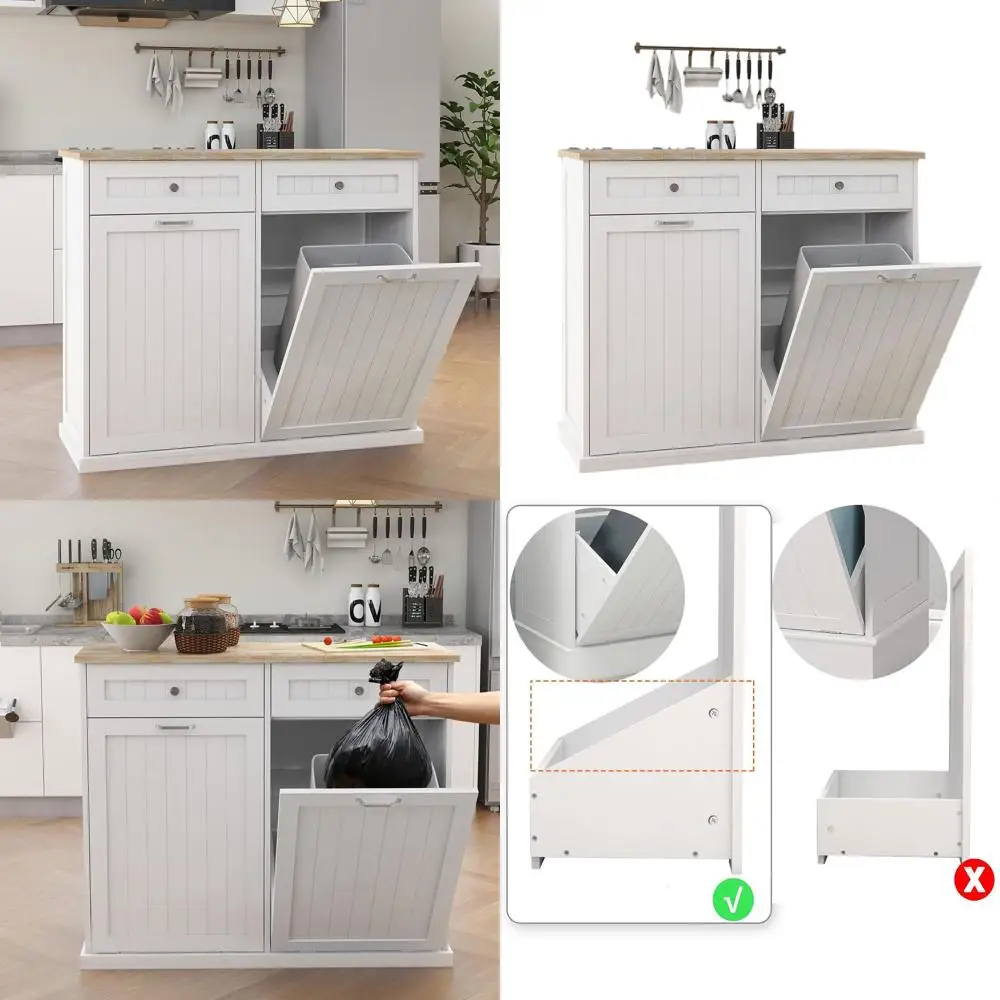 

Wooden Kitchen Trash Can Cabinet with Wood Grain Top and Dual Drawers