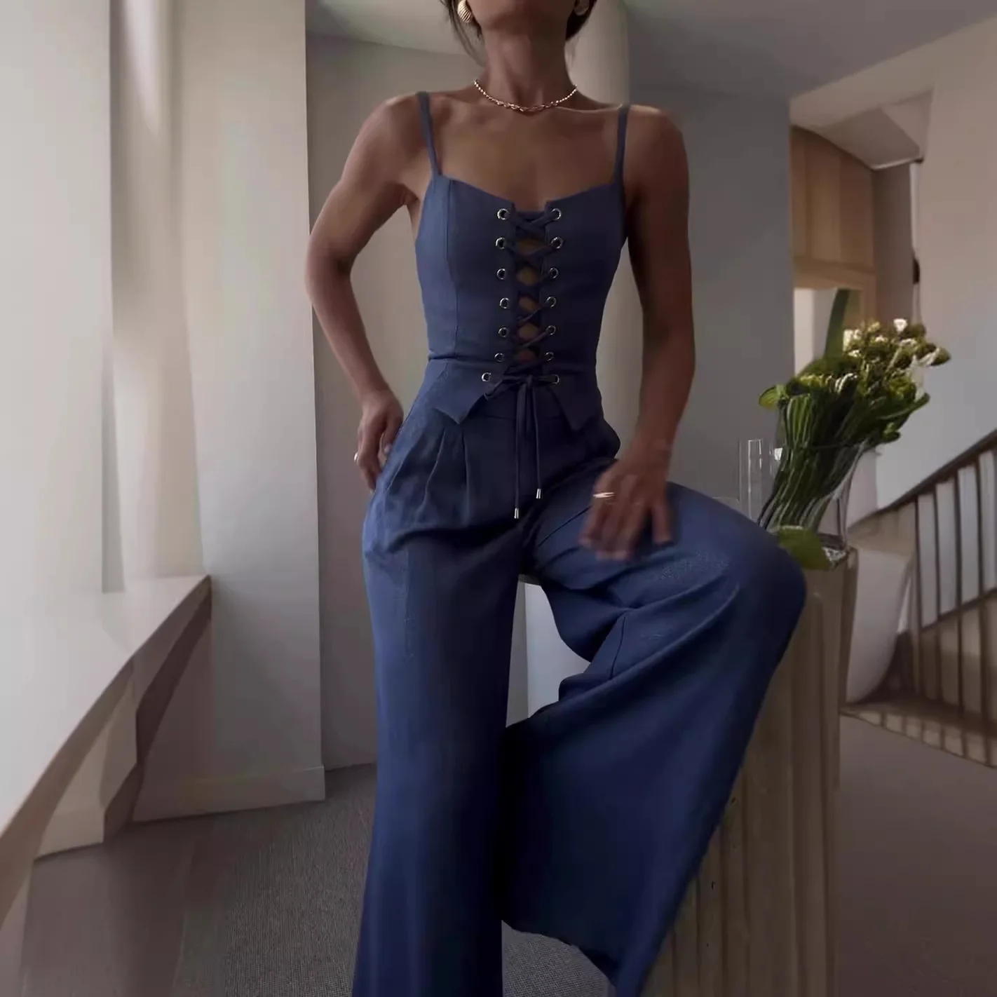 Kobiety zestawy dwuczęściowe zestaw spodni zawiesia bez rękawów Sexy wydrążona pochwa krótkie topy szerokie nogawki długie spodnie na co dzień eleganckie splot