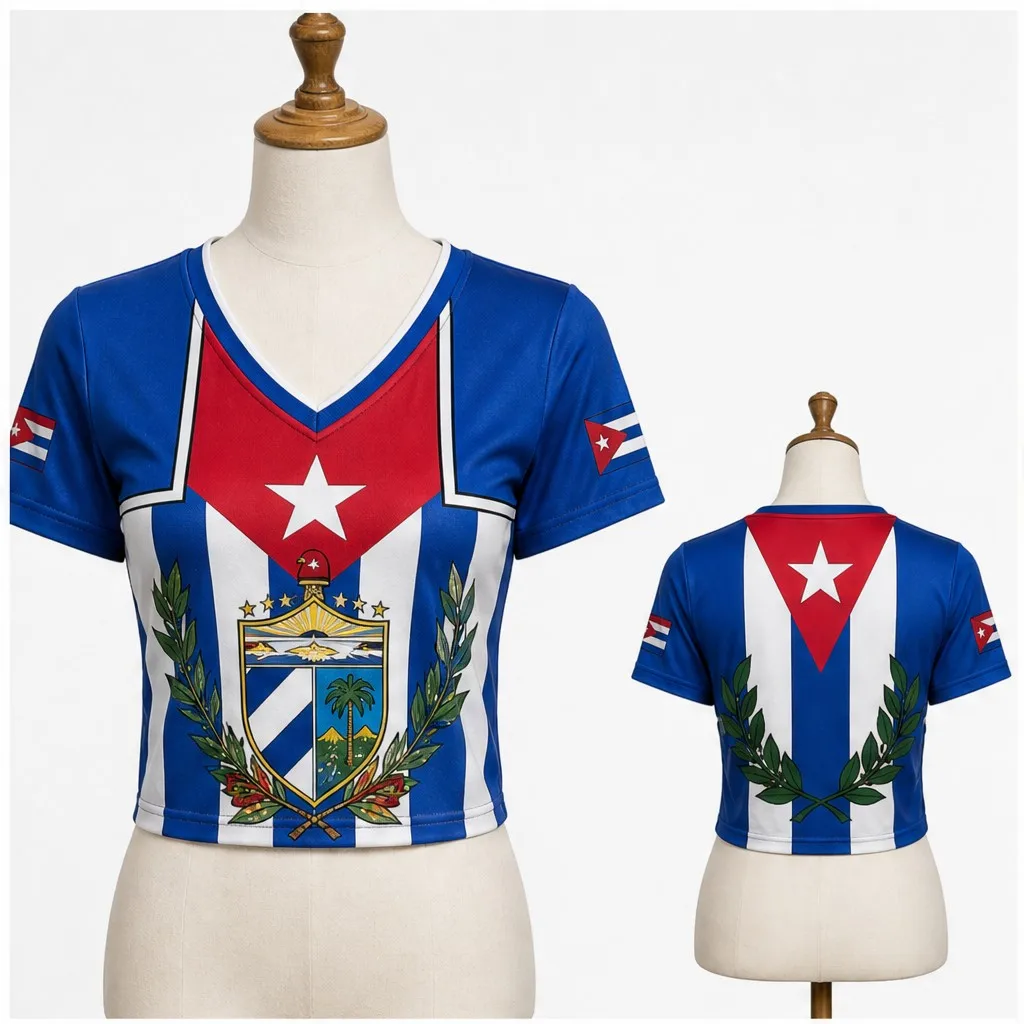 Womens Cuba V Neck Short Sleeve Crop Top Crest Star Flag Graphic Casual Summer Shirt for Street Travel Vacation Everyday Outfits