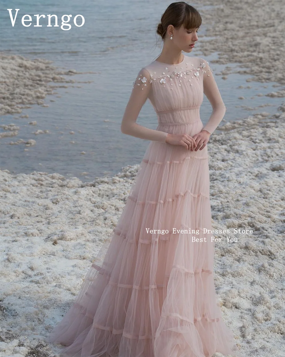 Verngo Baby Pink Tulle Prom Dress Appliques Sequined Formal Party Dress Women Long Sleeves A Line Formal Prom Dress customized