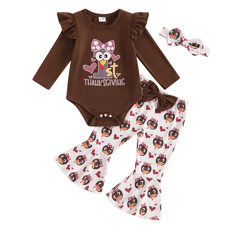 

Baby Girl Thanksgiving Outfit Turkey Print Long Sleeve Romper Flare Pants Bow Headband 3 Piece Set for Fall