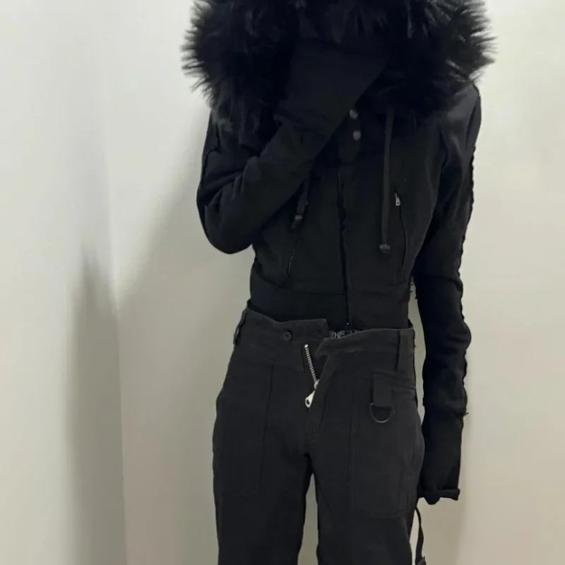 ญี่ปุ่นVINTAGE FUR Patchwork Hoodieเสื้อ 2025 All-Matchเสื้อสเวตเตอร์ถักสีดําผู้หญิงฤดูใบไม้ร่วงSlim Fitเสื้อแขนยาว