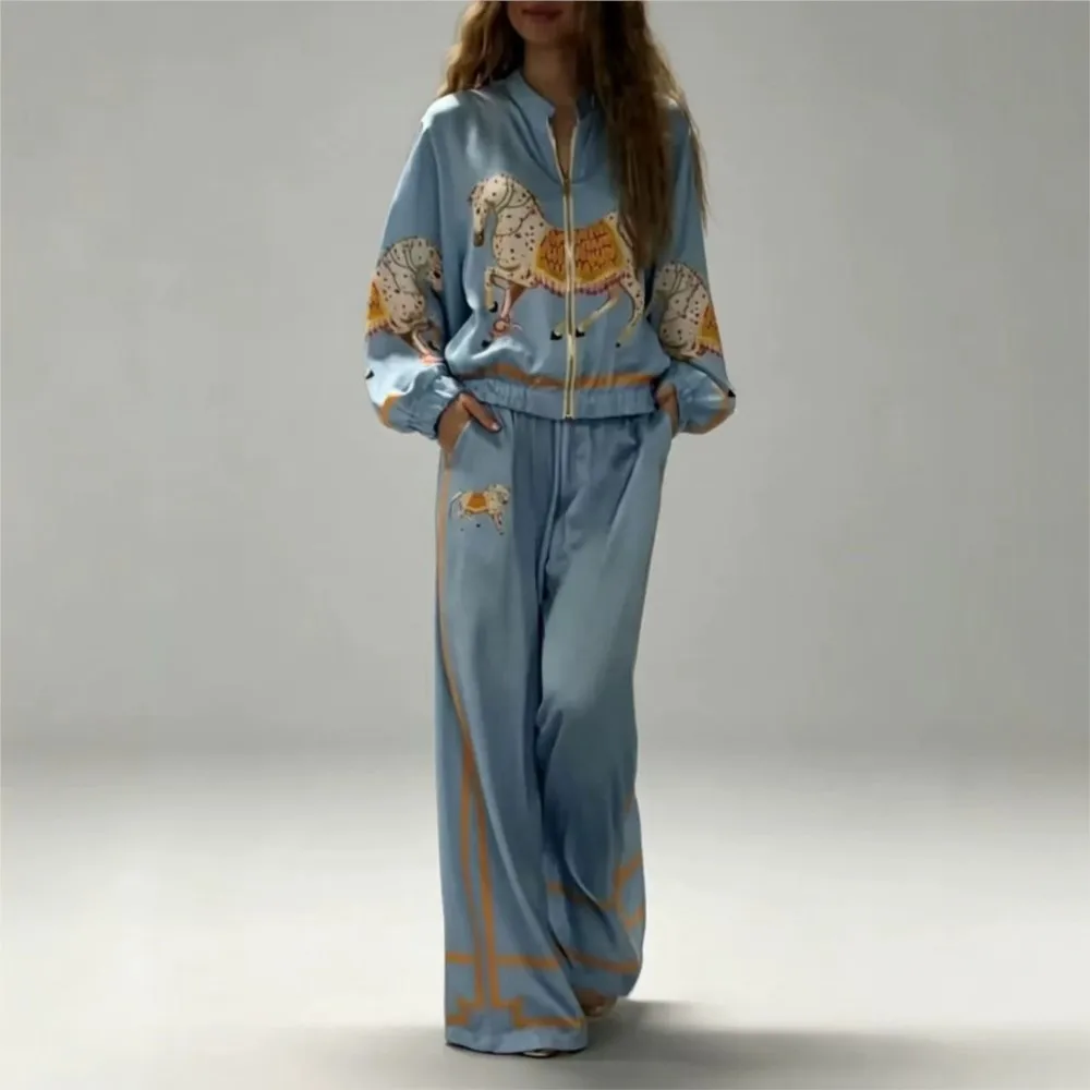 Women Fashion Horse Print Coat Pants Two Piece Sets Autumn Stand Zipper Long Sleeve Coats + Wide Leg Pants Casual Loose Home Set