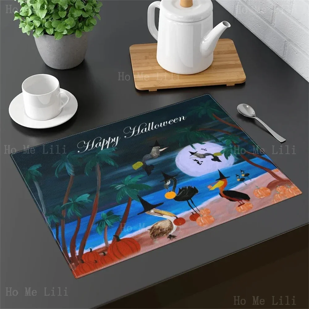 Halloween Pelicans Coastal Beach Flamingo Witch Trick Or Treat Skulls Black Cat And Spooky Owl In Tree Holiday Party Placemats