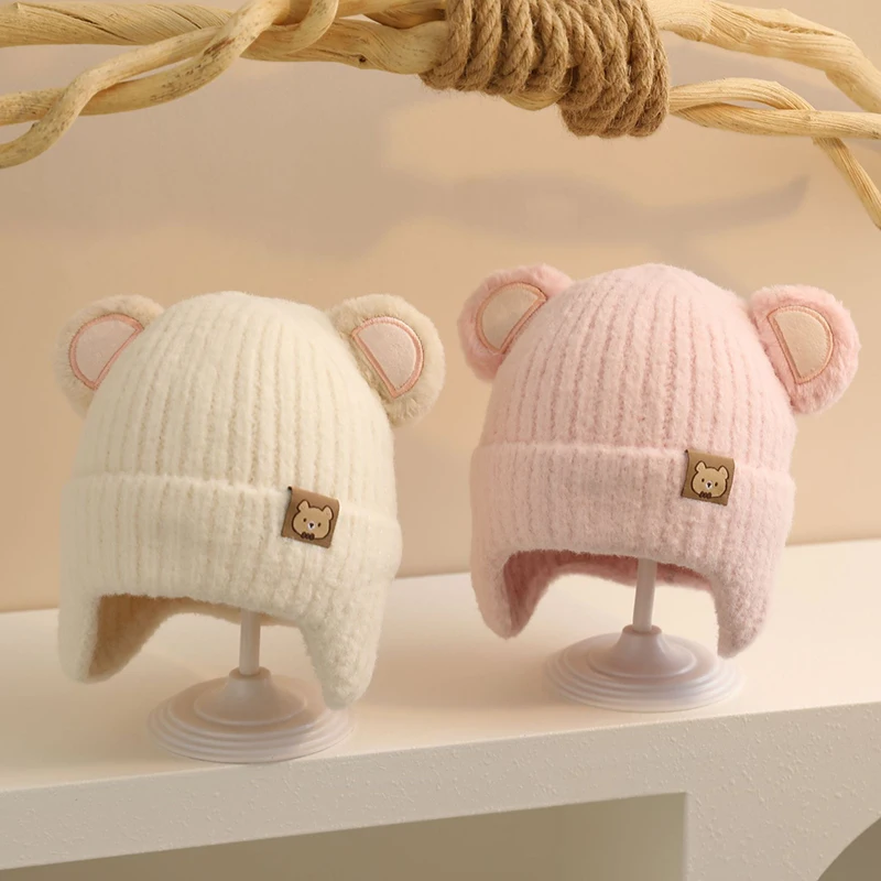 Cute Bear Baby Earmuffs Cap Winter Warm Kids Plush Pullover Hat 6-36Month Toddler Beanies Thicken Velvet Children Crochet Bonnet