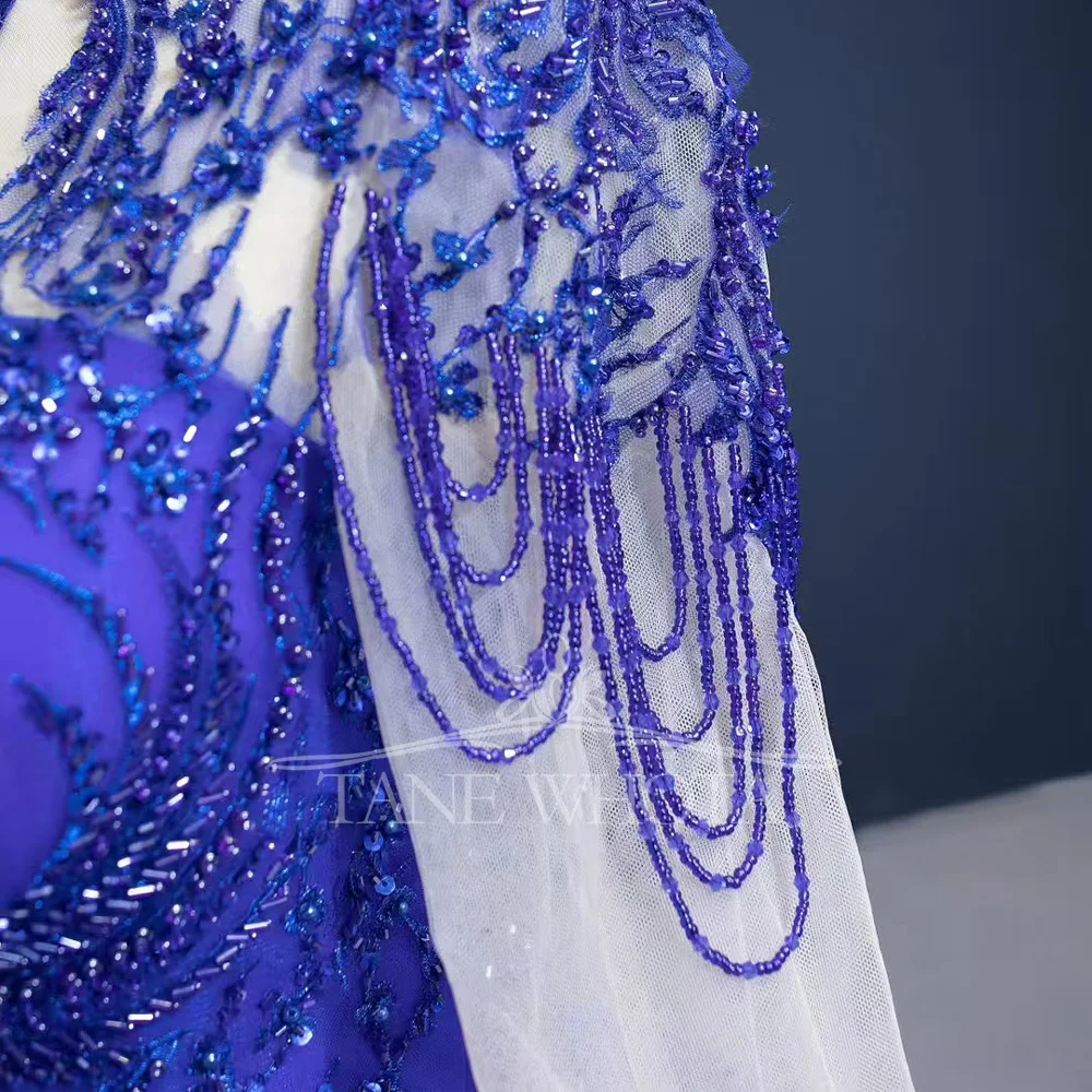 Luxe Blue Long Evening Dress Women's O-Neck Long Sleeve Lace-Up Back Sequined Embroidery Customizable Robe De Soirée 2026